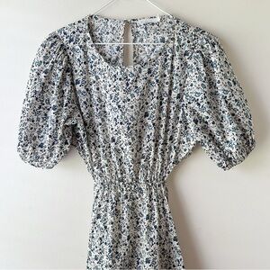LUSH 100% Cotton Midi Ditsy Floral Dress Puff Sleeves Off-White Blue M